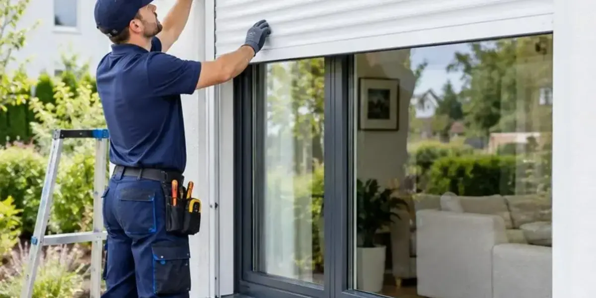 Technicien sur une échelle réglant un volet roulant blanc sur une façade